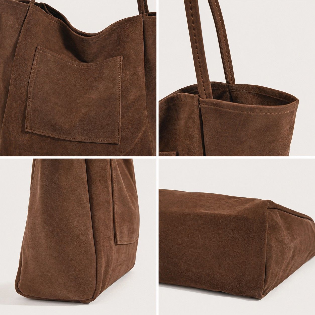 Large Faux Suede Tote Bag with Front Pocket and Double Shoulder Handles