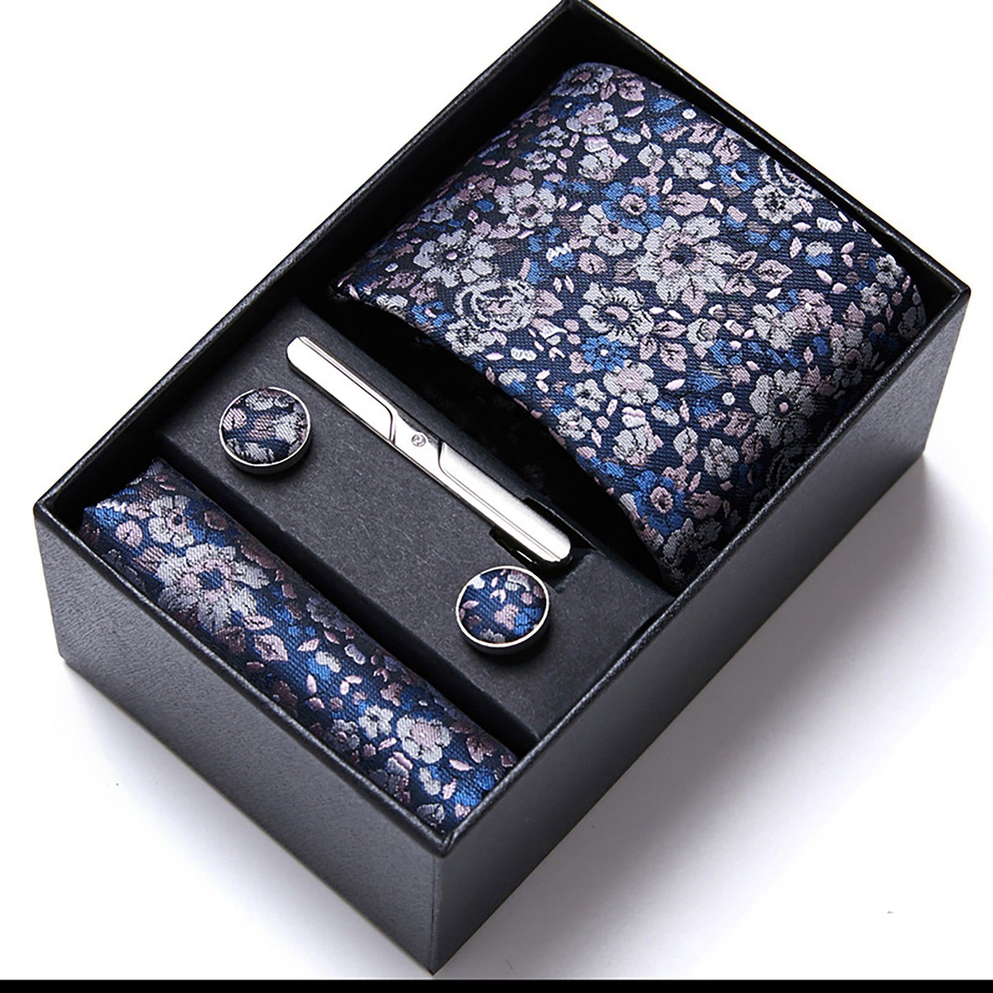 Men's Paisley Pattern Tie Gift Set with Matching Pocket Square Cufflinks and Silver Tie Clip