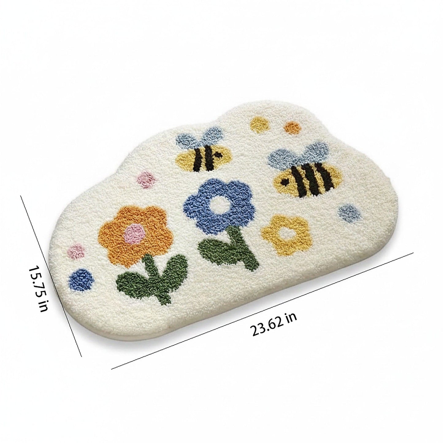 Tufted Floor Mat with Happy Text and Floral Pattern Non Slip Backing Soft Plush Decorative Scalloped Edge Indoor Rug