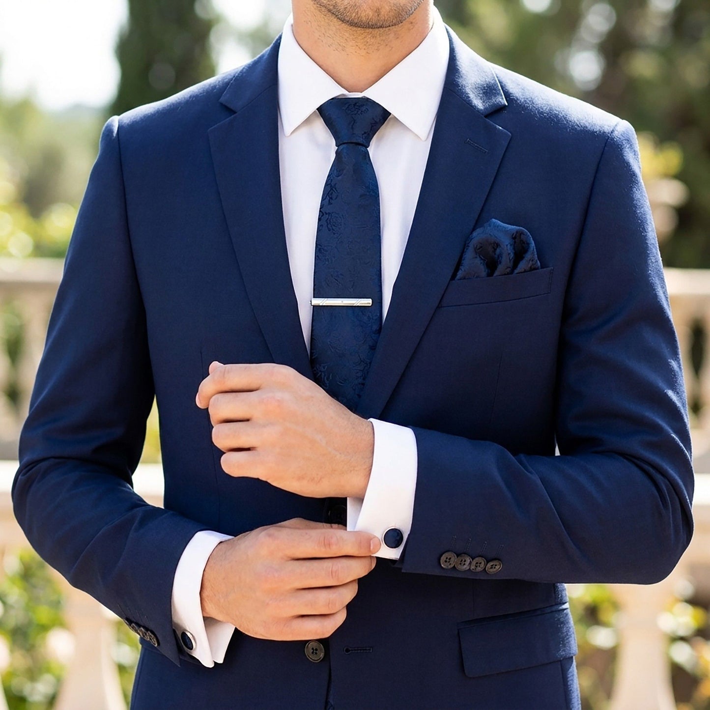 Men's Rose Floral Tie Gift Set with Matching Pocket Square Cufflinks and Silver Tie Clip