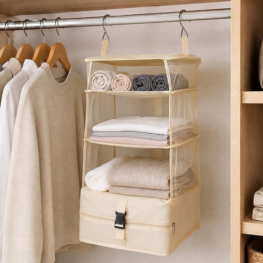3 Shelf Hanging Closet Organizer with Zipper Storage Compartment and Hooks