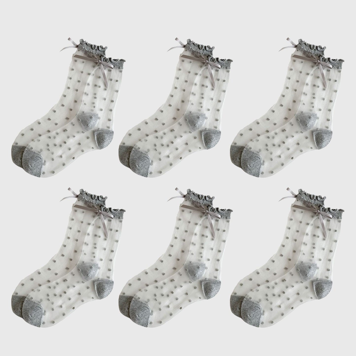 Sheer Polka Dot Ankle Socks with Bow Detail 6pk