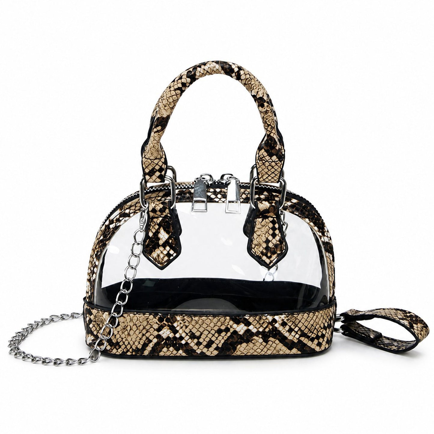 Clear PVC Mini Crossbody Satchel Bag with Print Trim and Chain Strap
