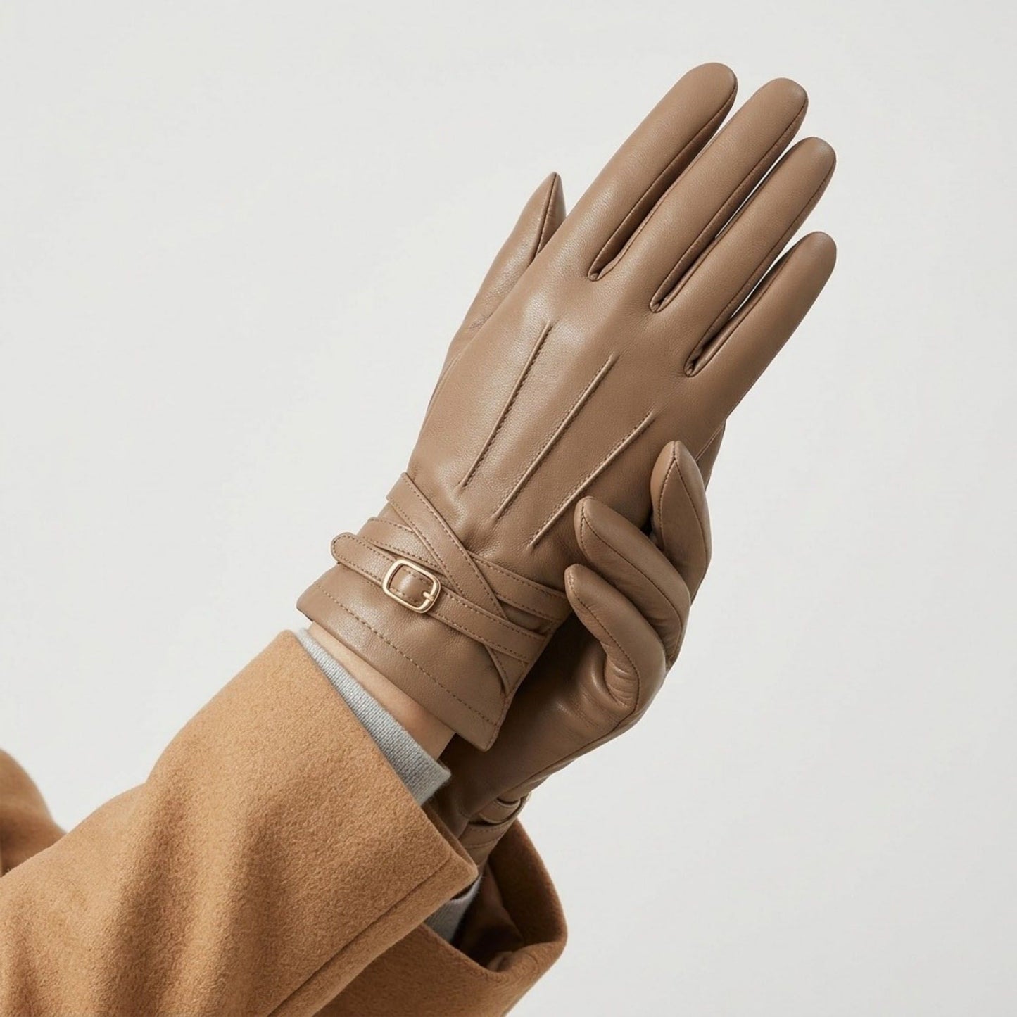Faux Leather Winter Gloves with Crisscross Wrist Strap and Full Finger Design 9.4 x 3.3in