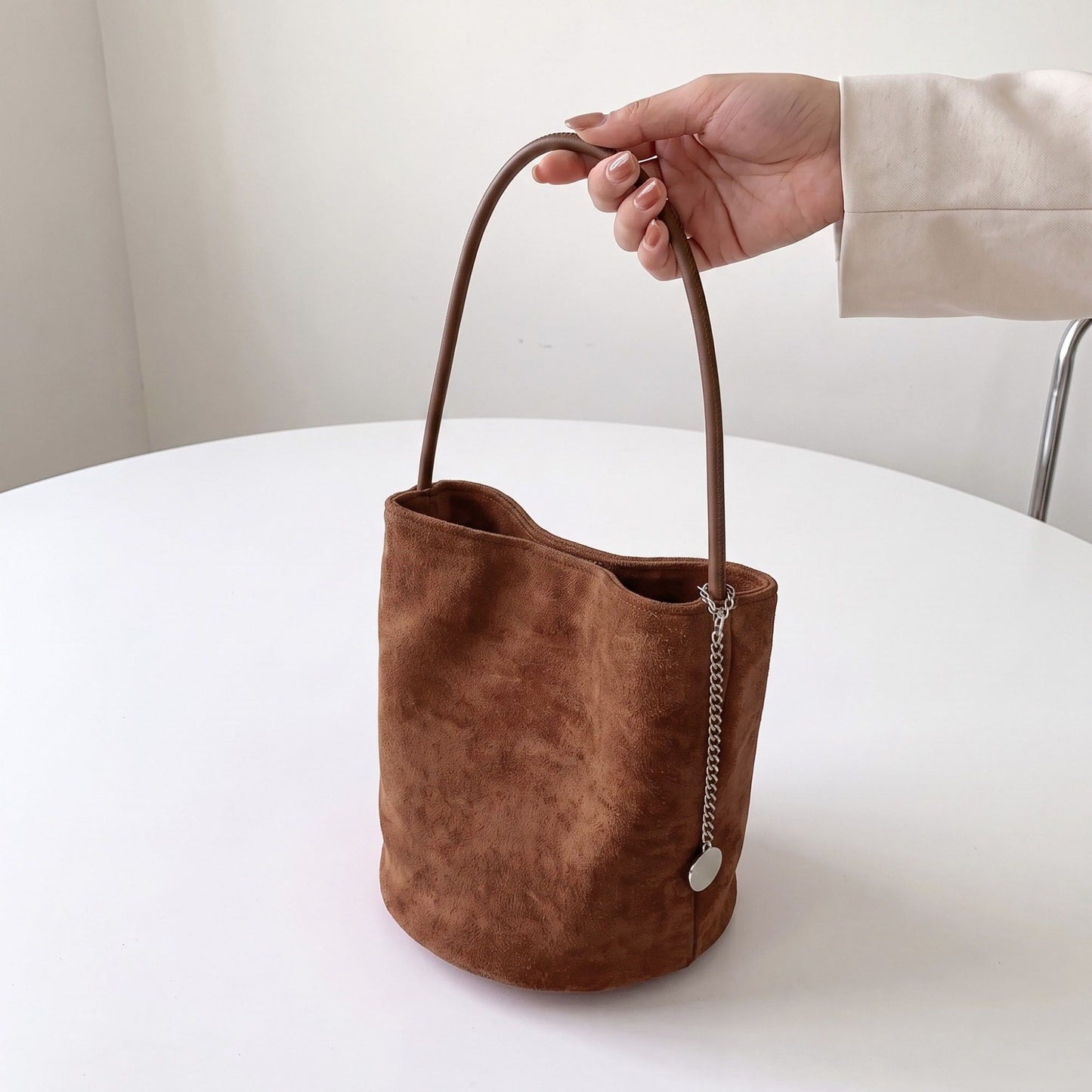 Faux Suede Bucket Shoulder Bag with Chain Accent