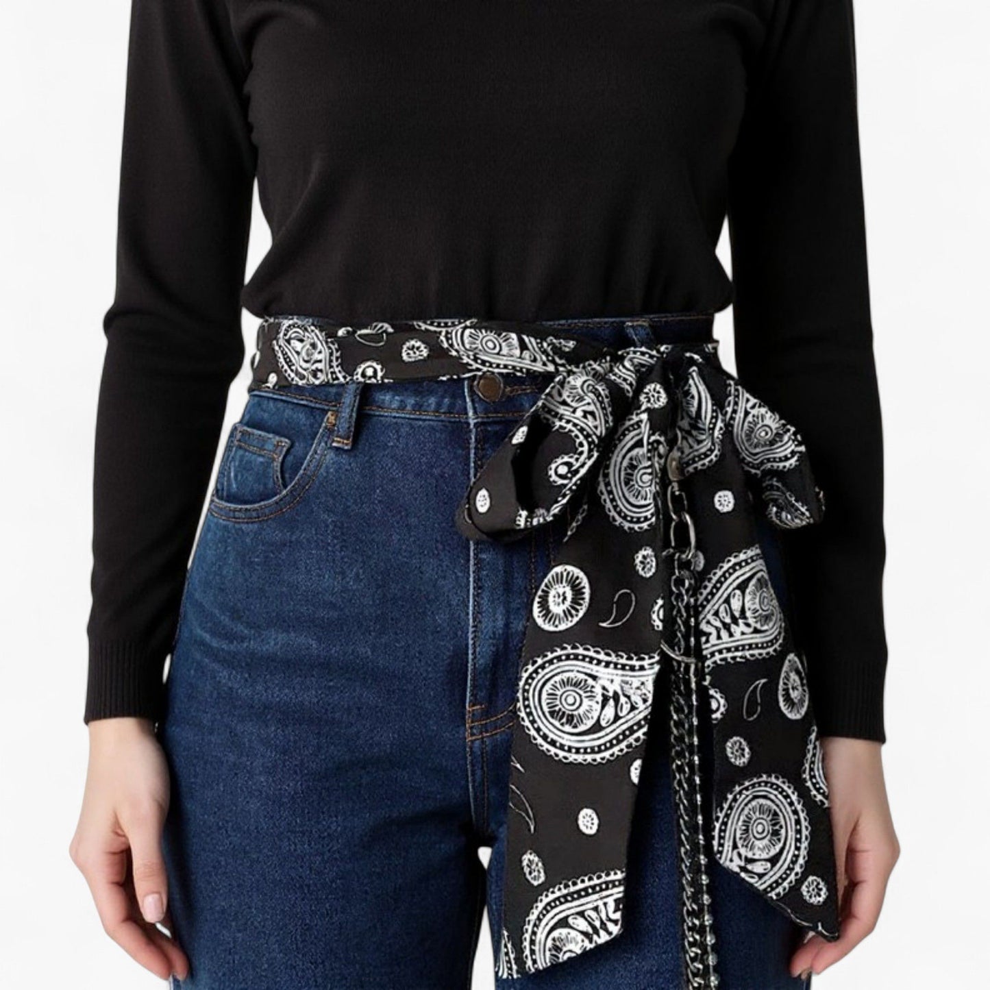 Paisley Print Scarf Belt with Large Bow Tie Front and Metal Chain Accent 78.5in