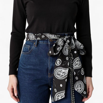 Paisley Print Scarf Belt with Large Bow Tie Front and Metal Chain Accent 78.5in