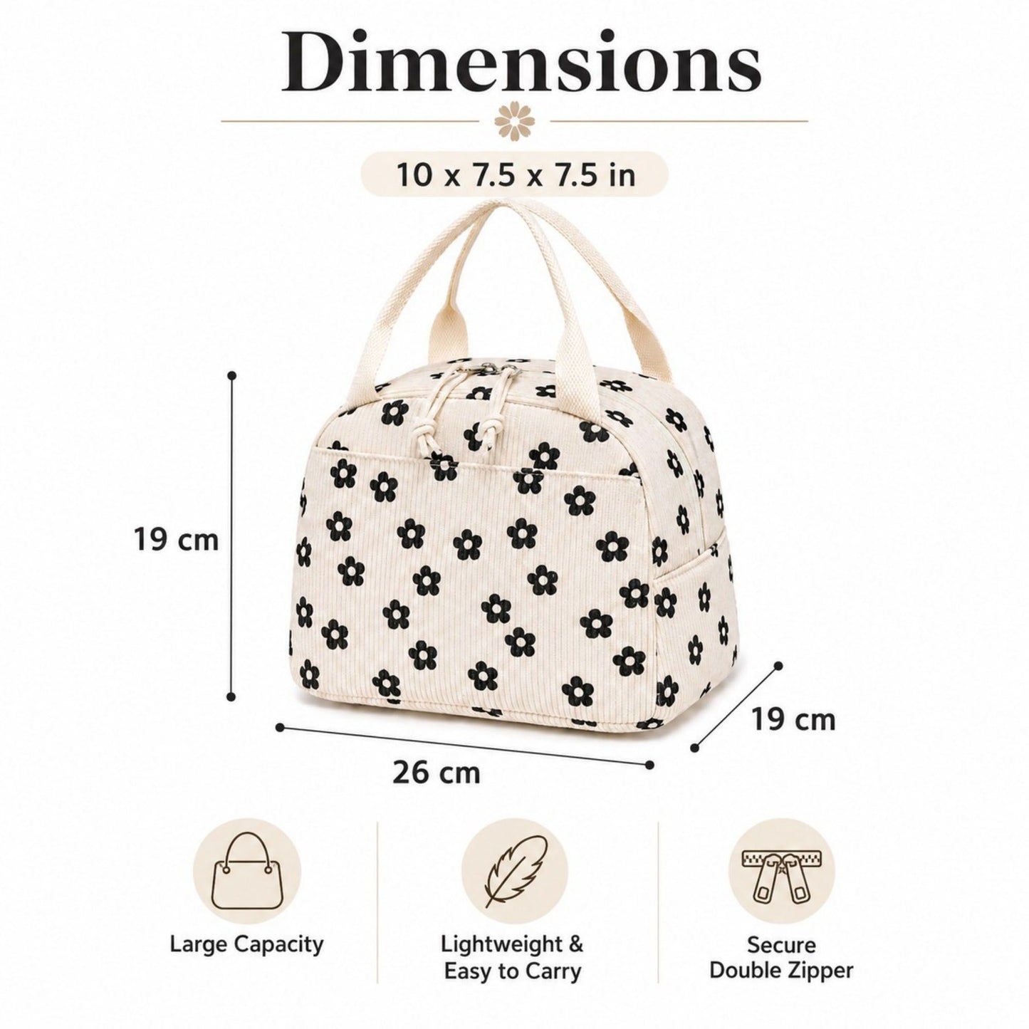 Strawberry Print Corduroy Insulated Lunch Bag with Handles and Zip Closure
