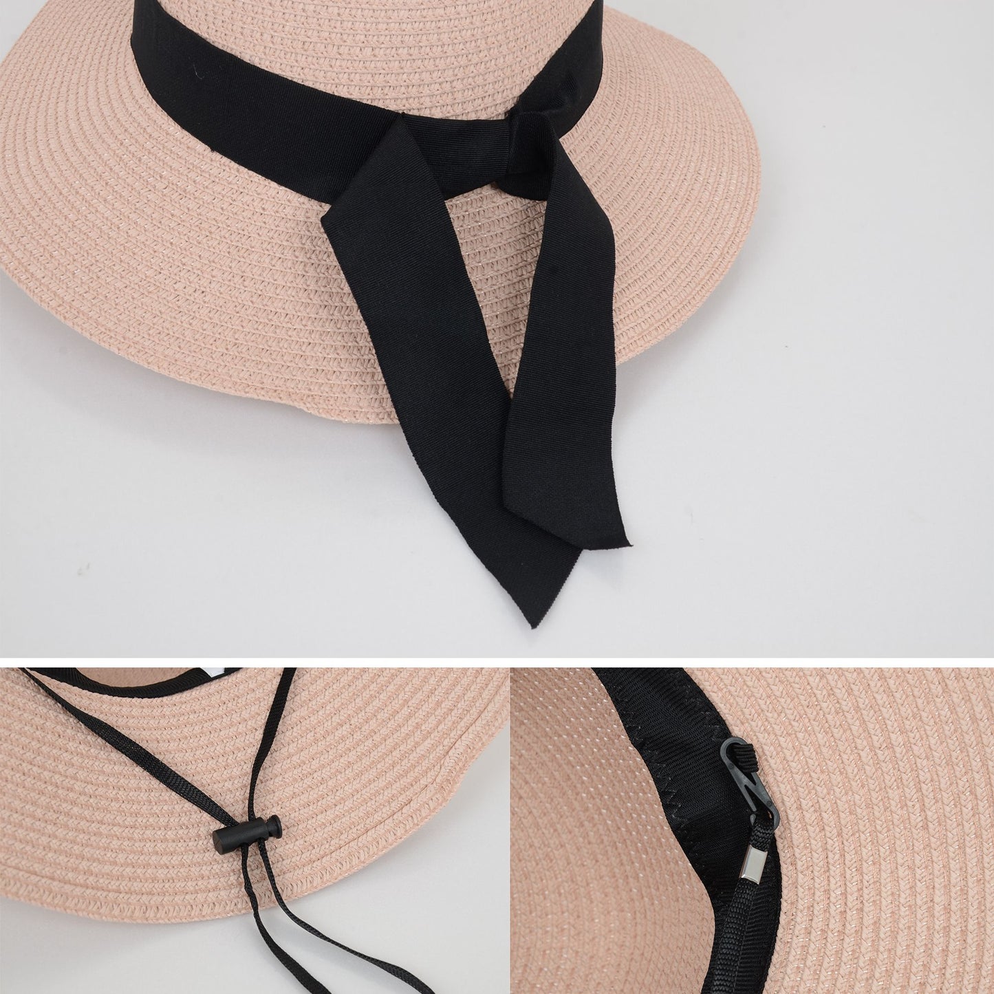 Wide Brim Straw Sun Hat with Black Ribbon Bow Adjustable Chin Strap Inner Sweatband for Outdoor and Travel Use