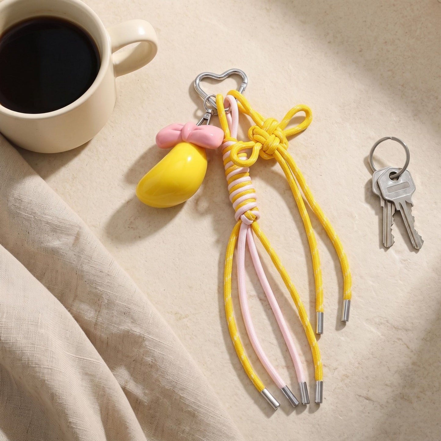 Braided Cord Bag Charm with Bow and Heart Clip