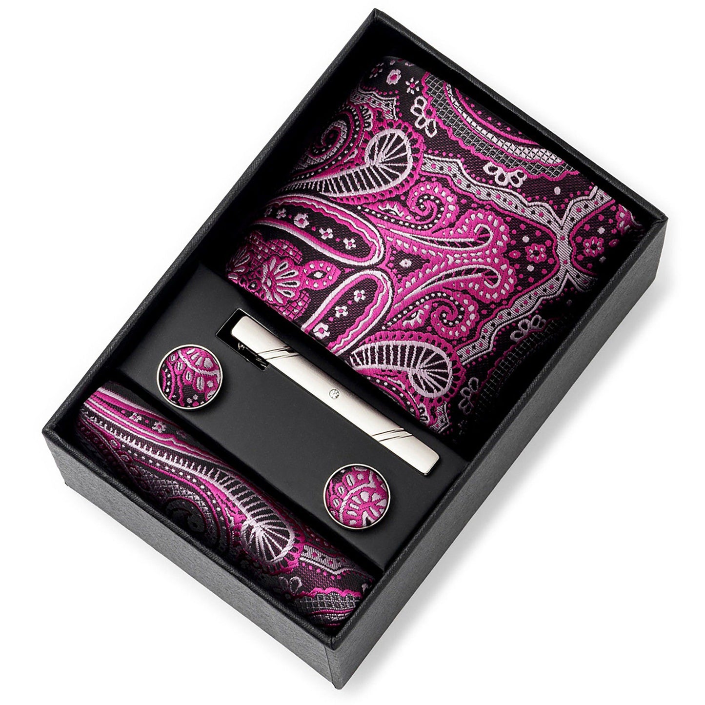 Men's Rose Floral Tie Gift Set with Matching Pocket Square Cufflinks and Silver Tie Clip