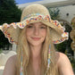 Crochet Wide Brim Sun Hat with Floral Trim Wavy Edge and Decorative Chin Strap