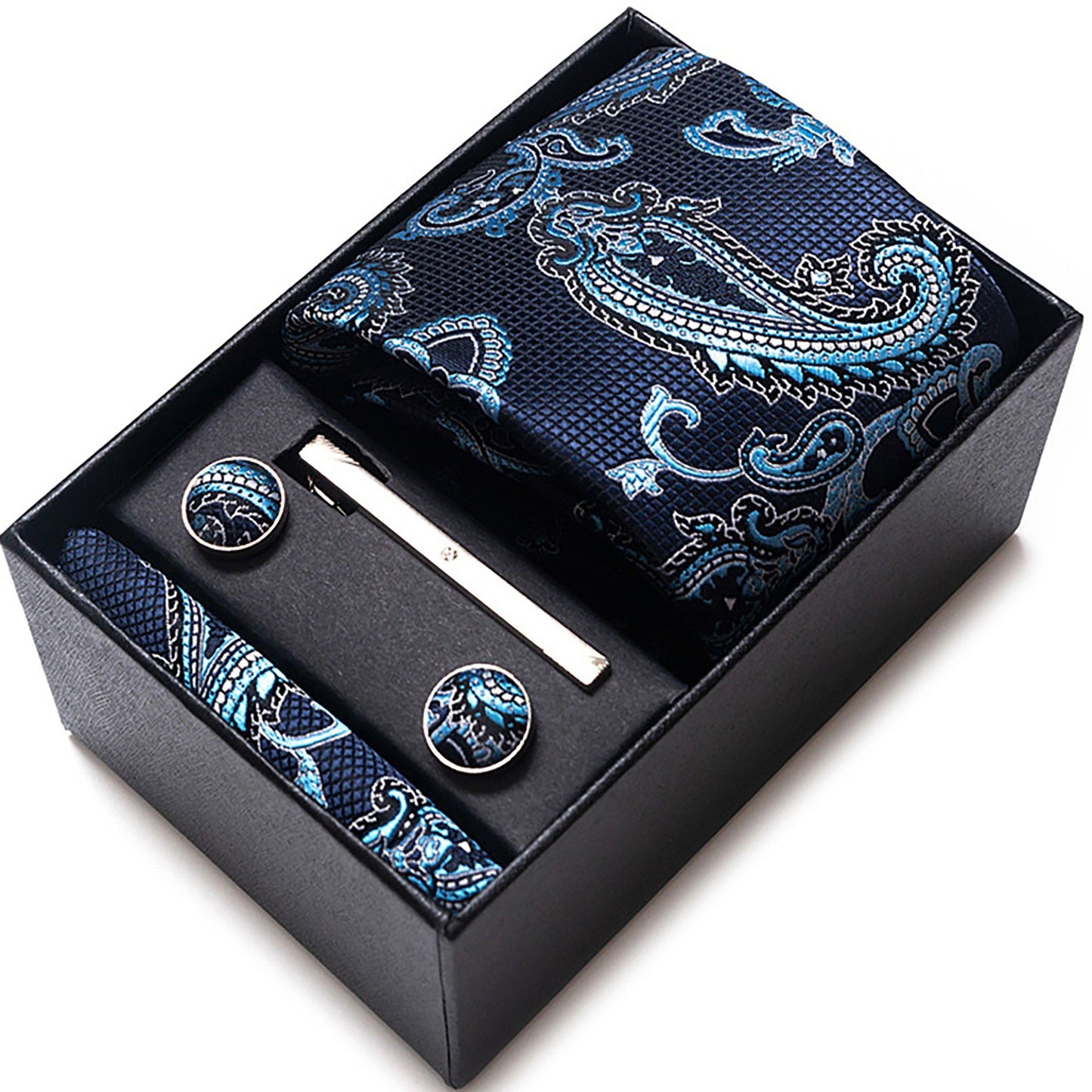 Men's Floral Pattern Tie Gift Set with Matching Pocket Square Cufflinks and Silver Tie Clip