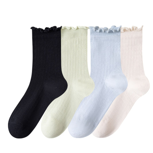 4-Pair Pack Soft Ribbed Ankle Socks with Ruffled Edge Trim Lightweight Knit Design in Multiple Color Combinations