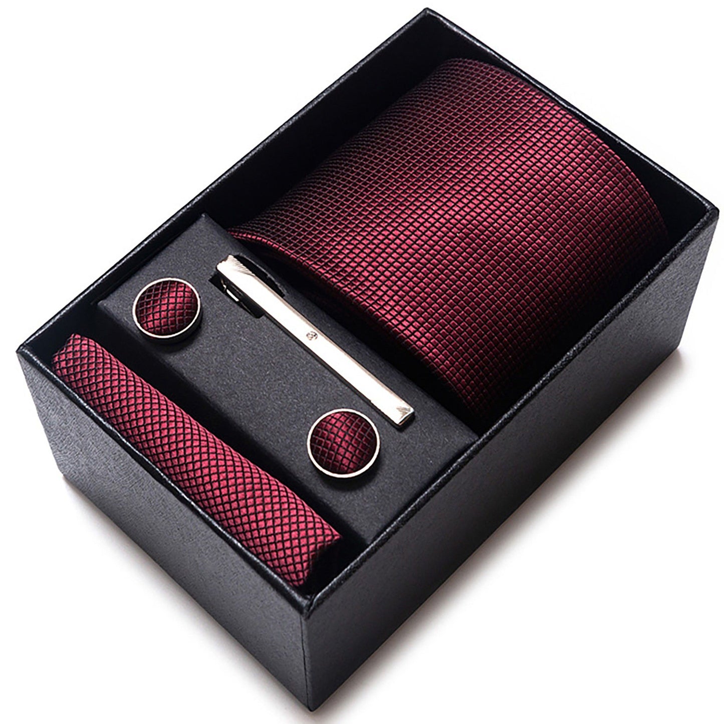 Men's Diamond Grid Pattern Tie Gift Set Necktie Pocket Square Cufflinks Tie Clip Formal Accessory Set