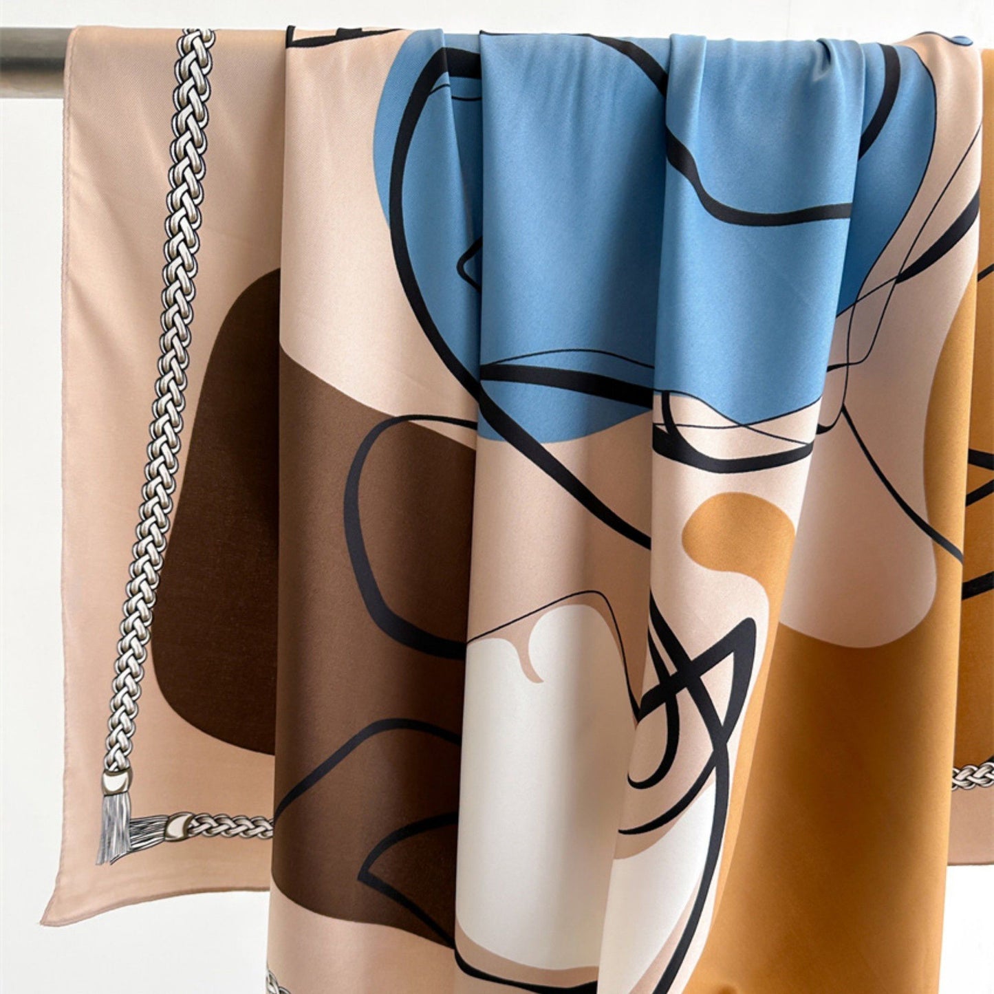 Abstract Art Satin Square Scarf with Braided Border Trim 35.5x35.5in