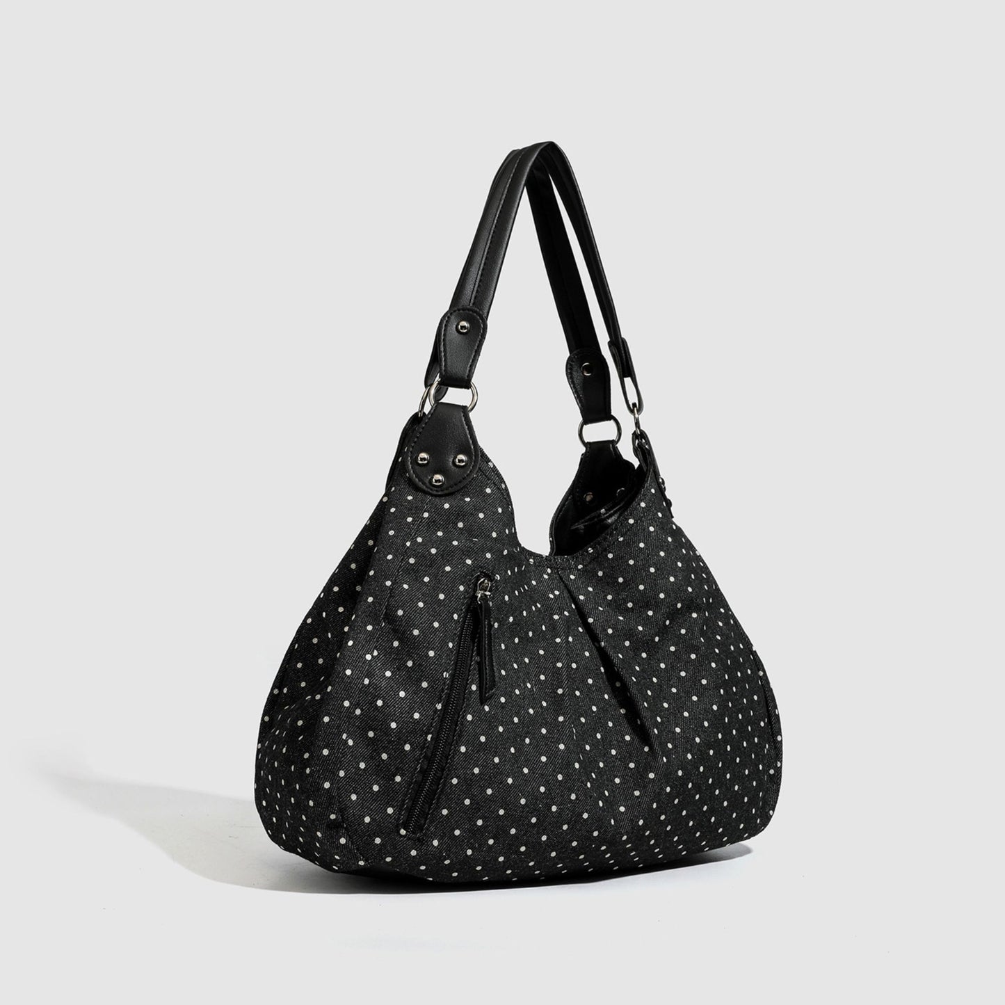 Polka Dot Hobo Shoulder Bag with Front Zipper Pocket