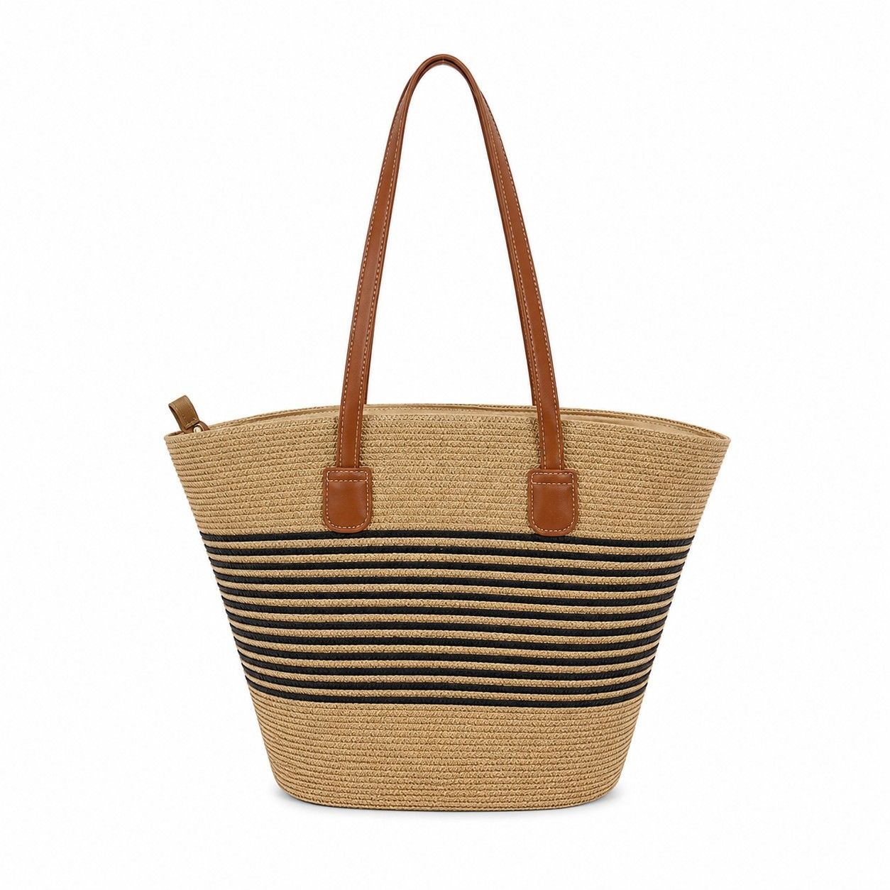 Striped Woven Straw Tote Bag Large Capacity Zip Top Shoulder Carryall Handbag