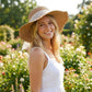 Wide Brim Straw Sun Hat with Sheer Bow Accent and Scalloped Edge