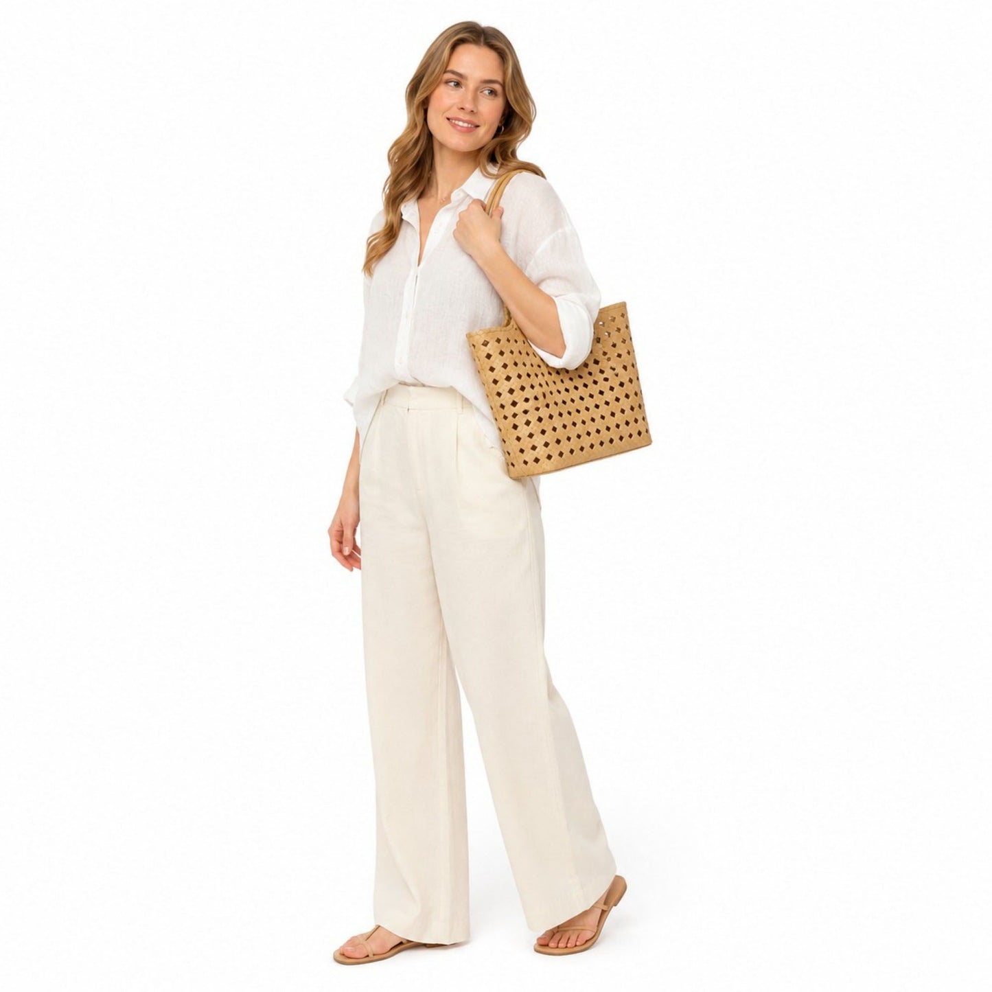 Woven Shoulder Bag with Cutout Design Soft Faux Leather Feel Tote and Inner Pouch