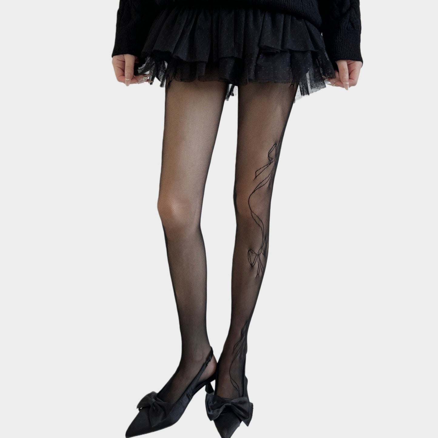 Sheer Bow Line Pattern Tights with Soft Stretch Mesh, Delicate Ribbon Artwork, and Smooth Knit Finish One Size Fits Most