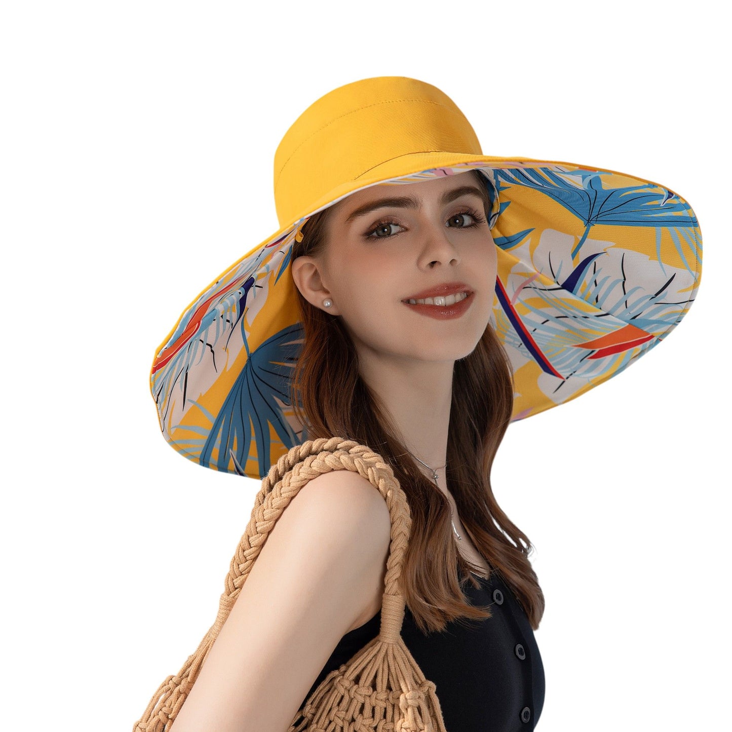 Wide Brim Floppy Sun Hat with Colorful Printed Underside UV Protection Lightweight Foldable Design for Outdoor Use