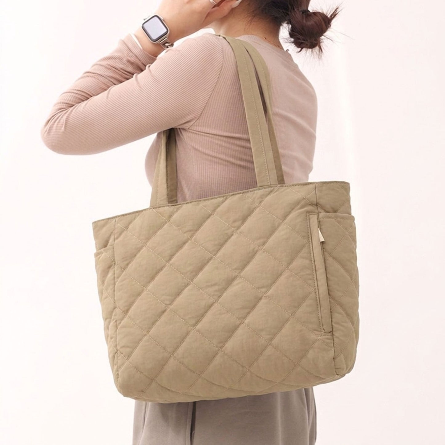 Quilted Tote Bag with Zipper Pockets and Water Resistant Fabric