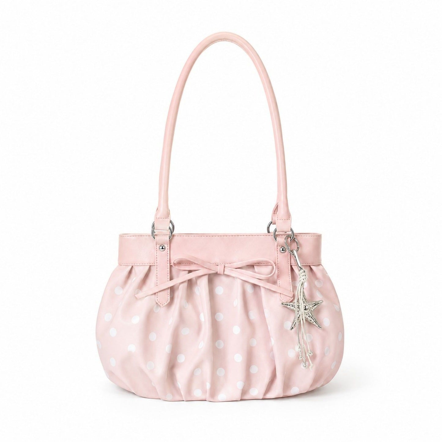 Polka Dot Ruched Shoulder Bag with Bow Detail and Metal Charm