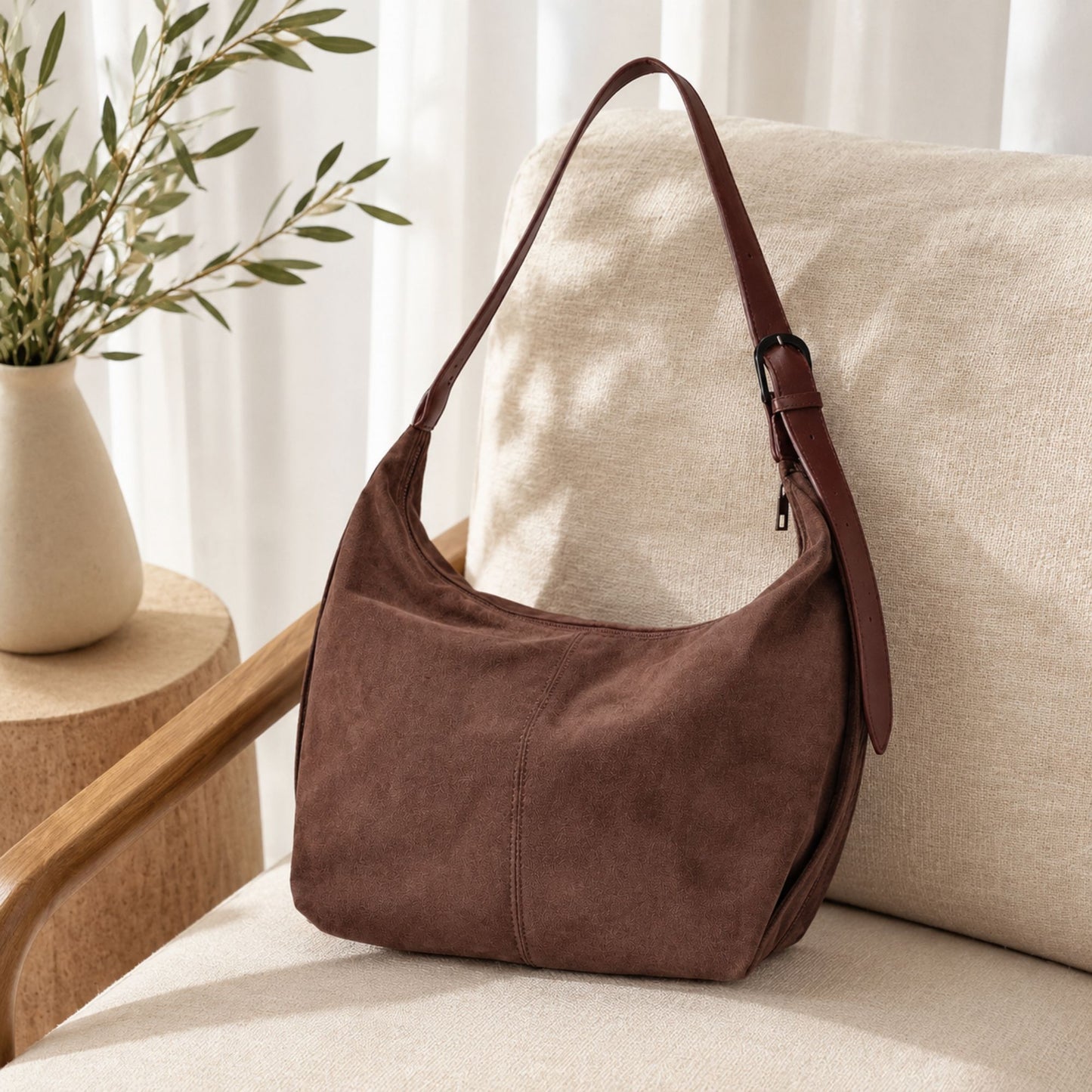Slouchy Faux Suede Hobo Shoulder Bag with Zipper Closure and Adjustable Strap