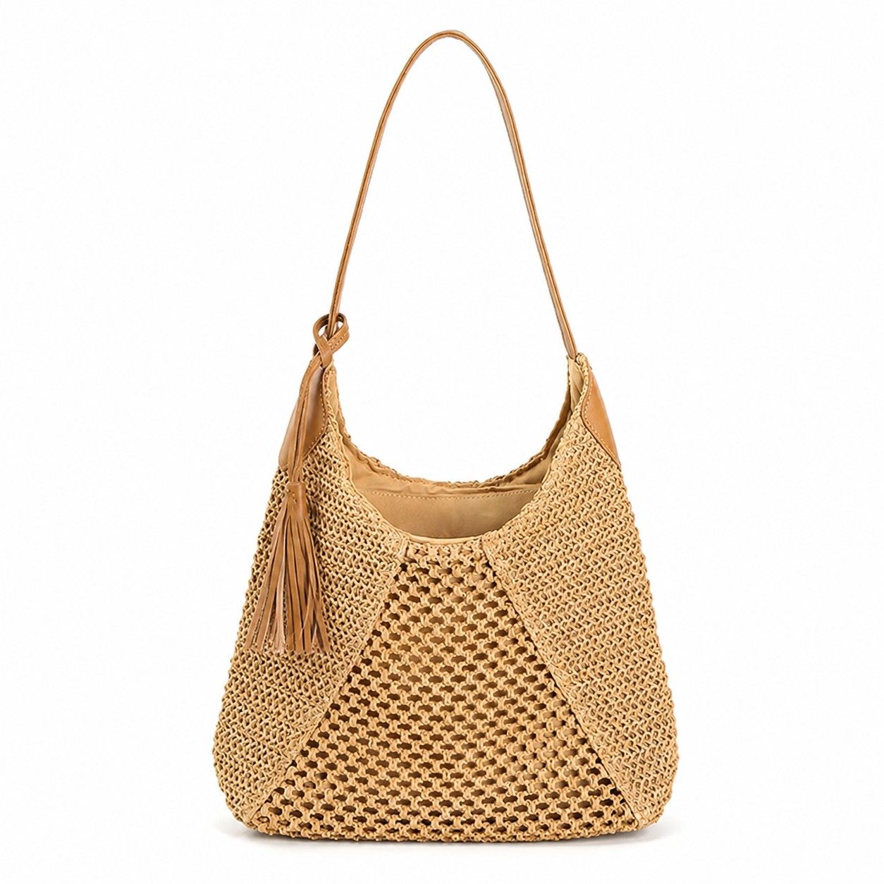 Woven Paper Fiber Shoulder Tote Bag Large Capacity Crochet Handbag with Tassel Accent