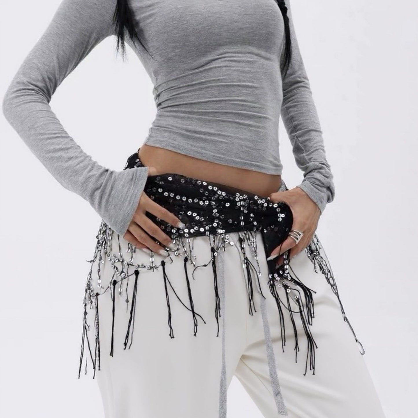 Sheer Mesh Sequin Fringe Hip Scarf Belt Wrap with Asymmetrical Hem 59in