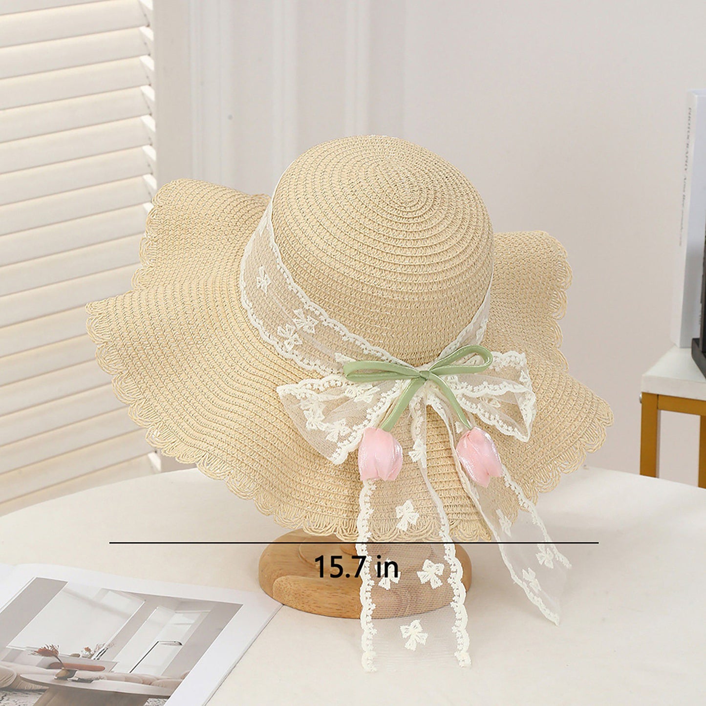 Wide Brim Straw Sun Hat with Scalloped Edge Lace Bow and Floral Accent