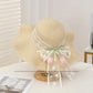 Wide Brim Straw Sun Hat with Scalloped Edge Lace Bow and Floral Accent