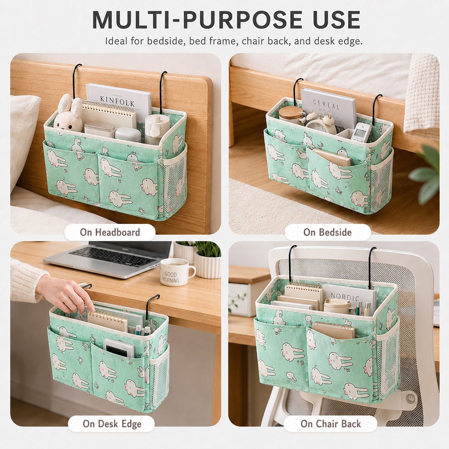 Hanging Bedside Storage Caddy Bunny Print Organizer with Hooks and Multiple Pockets