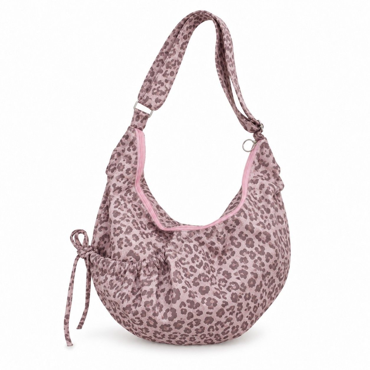 Leopard Print Suede Look Crescent Hobo Shoulder Bag with Zip Closure and Exterior Pocket