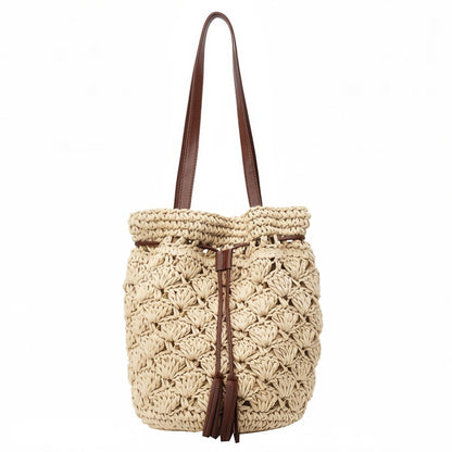Woven Bucket Shoulder Bag with Drawstring Closure Faux Leather Strap Tassel Detail Lightweight Handbag