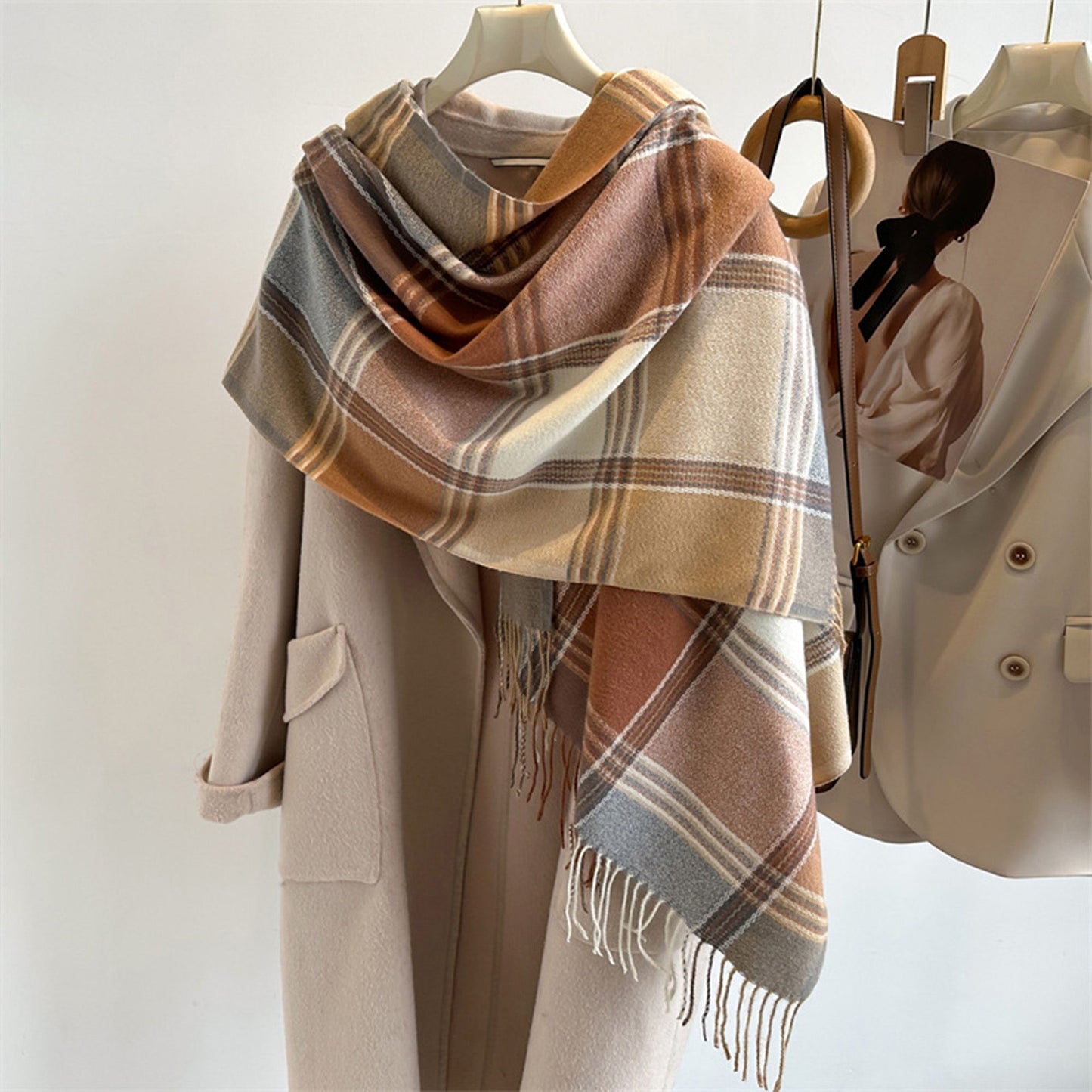Plaid Tassel Trim Faux Cashmere-Like Winter Warm Scarf - 77IN¡Á26IN
