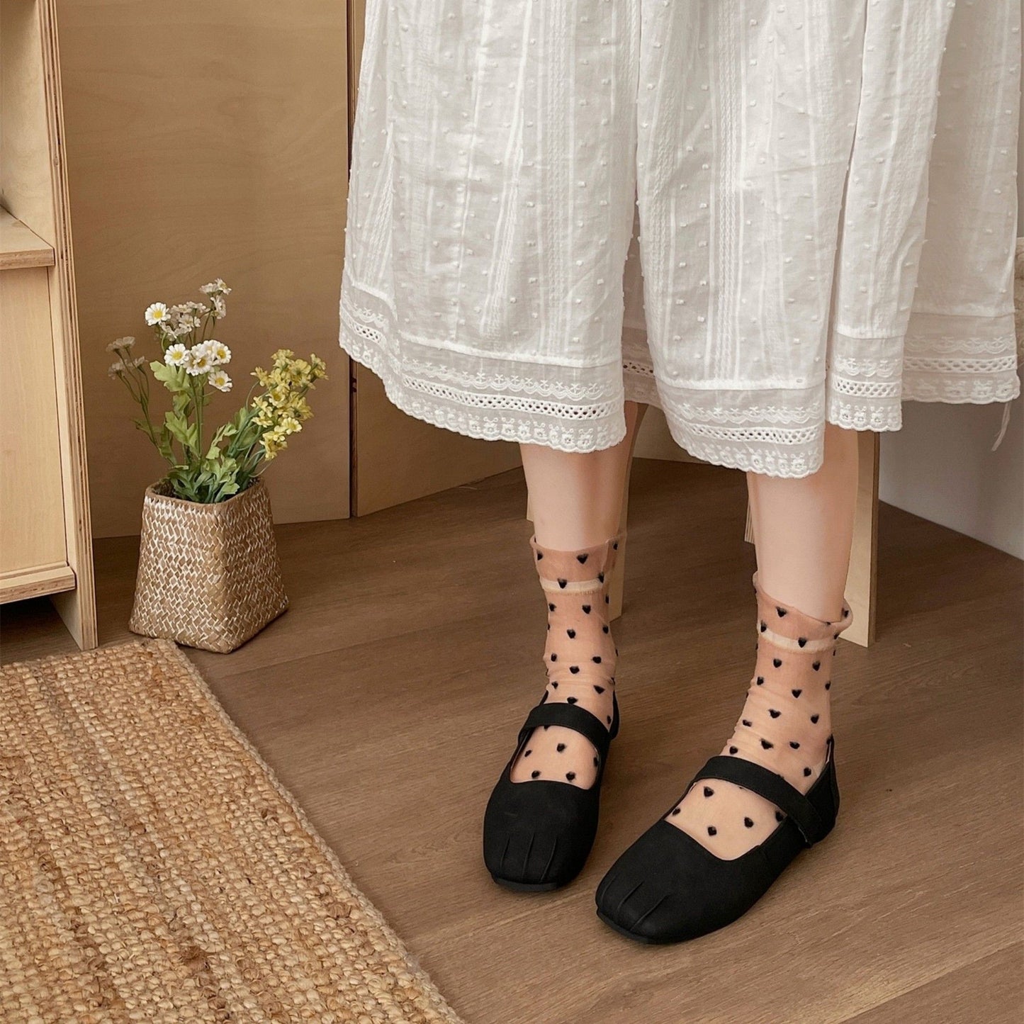 Sheer Crew Socks with Flocked Heart Pattern and Reinforced Toe and Heel 2-Pack