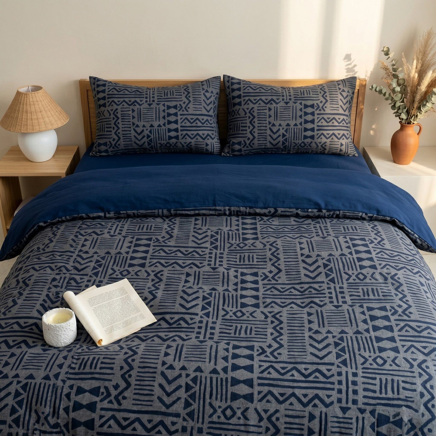 4-Piece Cotton Double Gauze Bedding Set with Duvet Cover Flat Sheet and Pillowcases Textured Woven Pattern