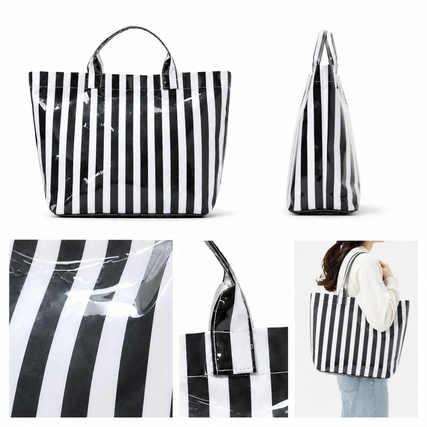 Striped Tote Bag Glossy Coated Large Capacity Shoulder Bag for Travel and Beach