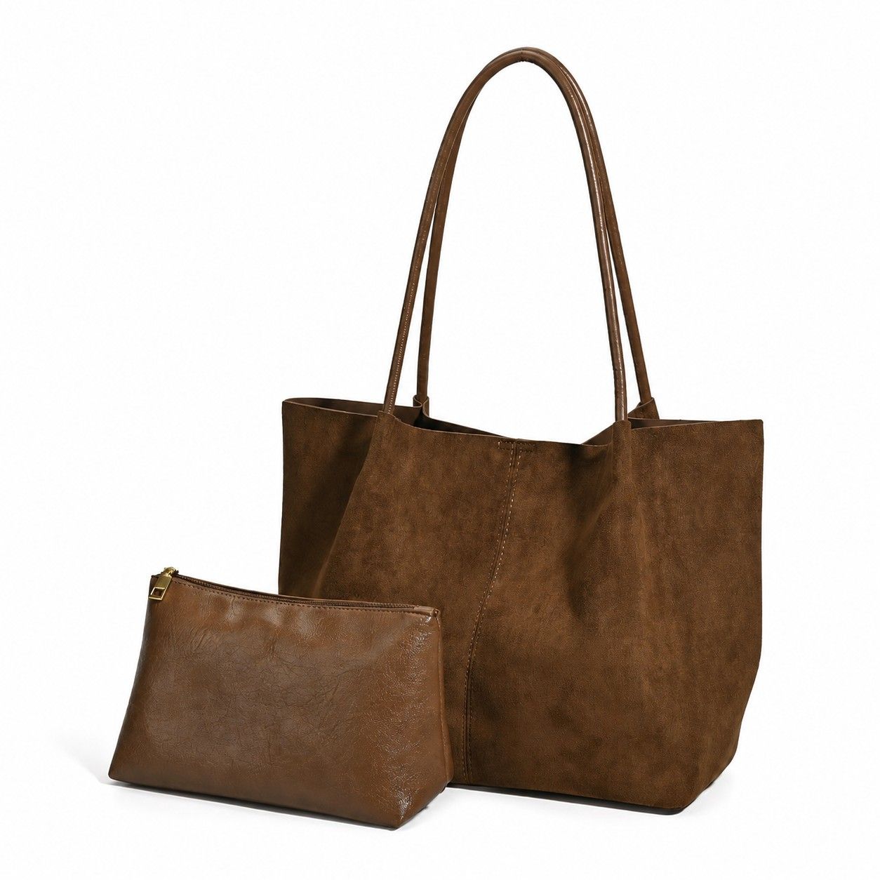 Faux Suede Tote Bag with Removable Zip Pouch and Double Shoulder Handles