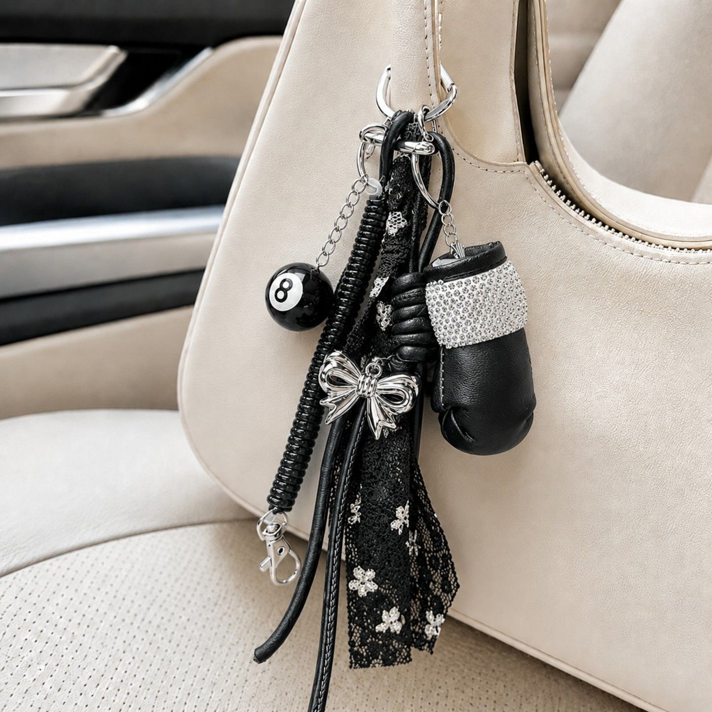 Boxing Glove Keychain Bag Charm with 8 Ball Accent Lace Ribbon and Clip