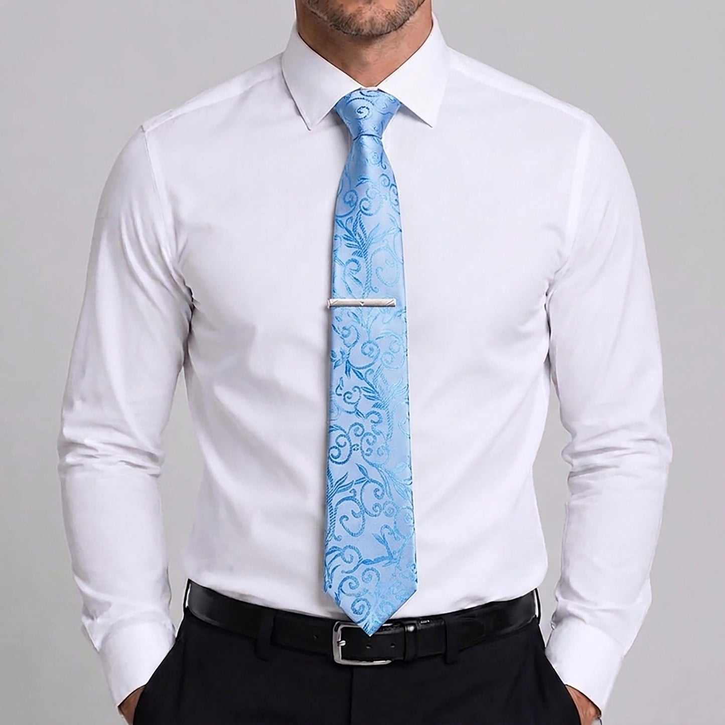 Men's Baroque Floral Tie Gift Set with Matching Pocket Square Cufflinks and Silver Tie Clip