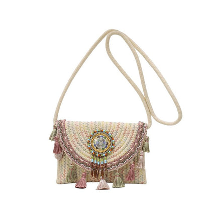 Women's Woven Crossbody Bag with Beaded Medallion Tassel Flap and Long Strap