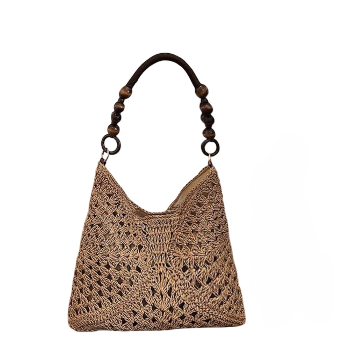 Woven Straw Hobo Bag with Wooden Handle Bead Accents and Spacious Interior