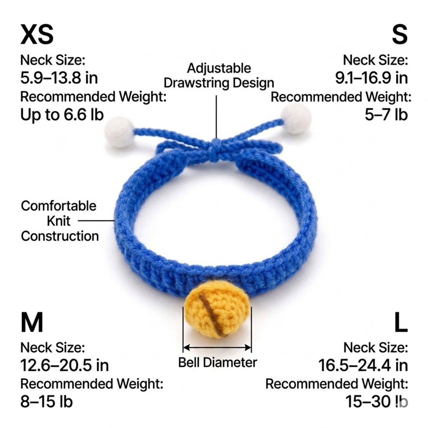 Hand Knit Pet Collar with Soft Crochet Bell Adjustable Silent Collar Necklace for Cats and Small Dogs