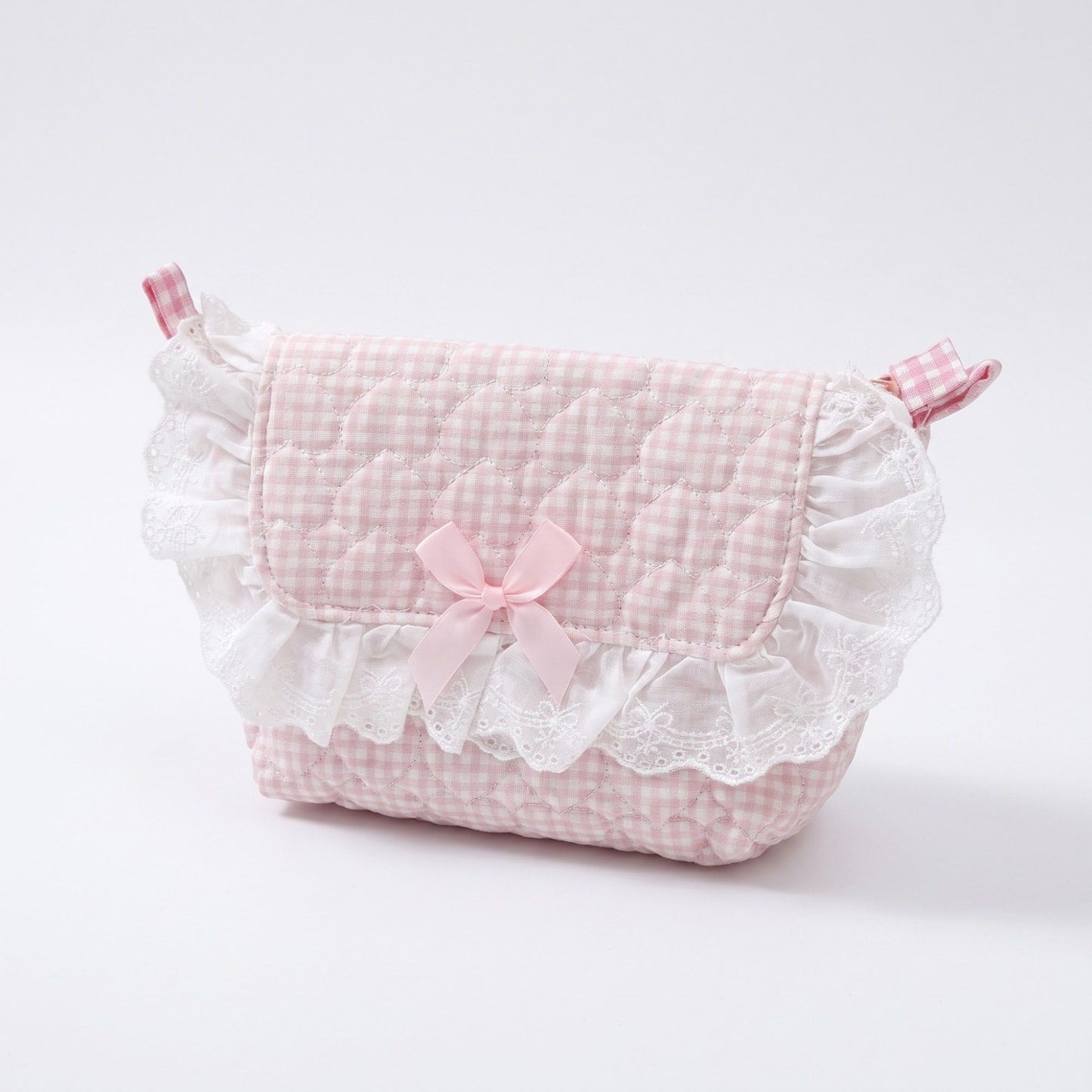 Womens Quilted Gingham Makeup Bag with Shoulder Strap Lace Ruffle Bow