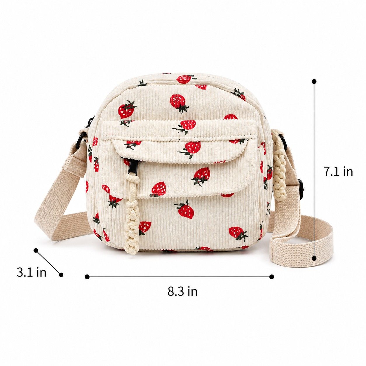 Strawberry Print Corduroy Crossbody Bag with Front Pocket and Adjustable Strap