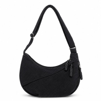 Corduroy Crescent Crossbody Bag with Adjustable Strap and Zip Pockets
