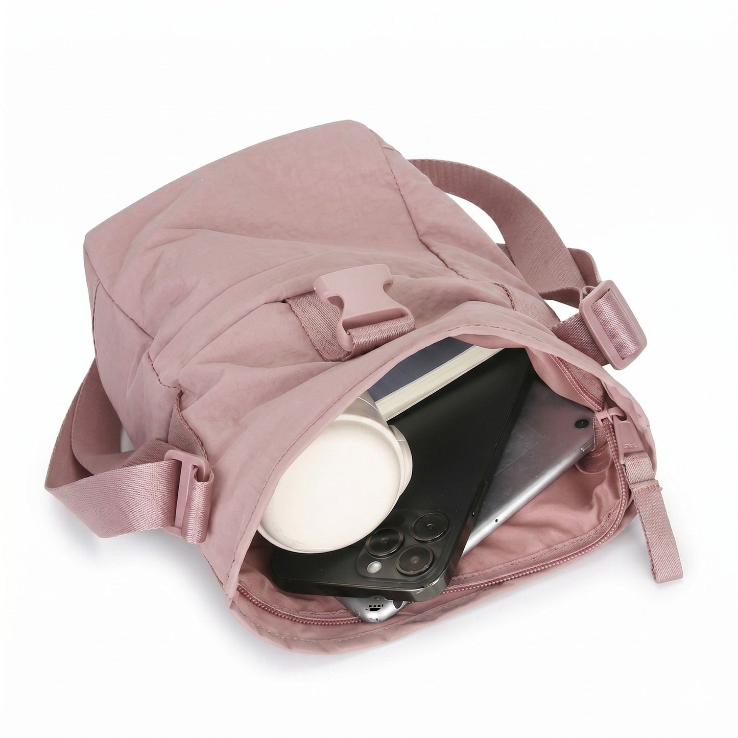Water Resistant Nylon Crossbody Bucket Bag Adjustable Strap Multi Pocket Everyday Travel Bag